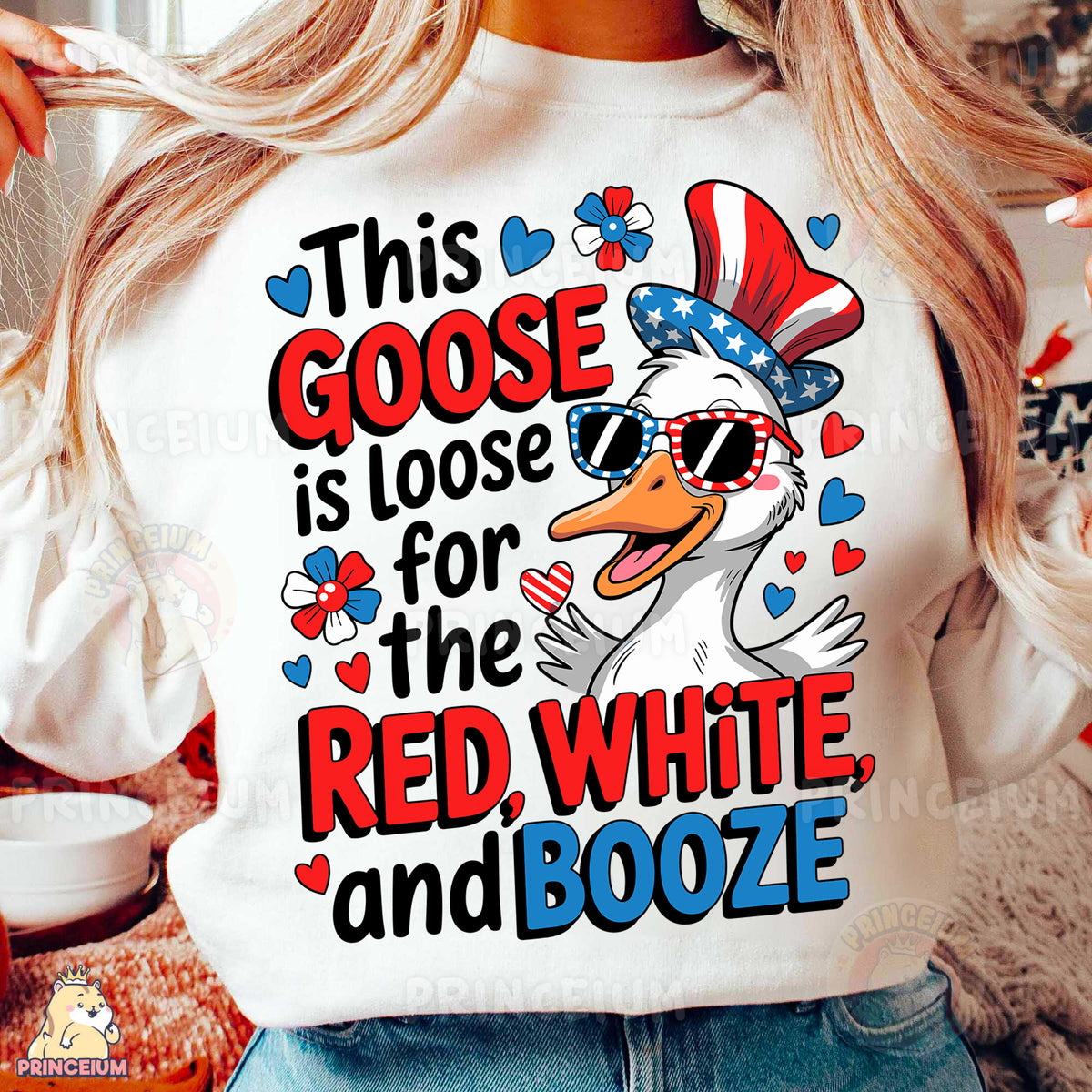 a woman wearing a t - shirt that says, this goose is loose for the