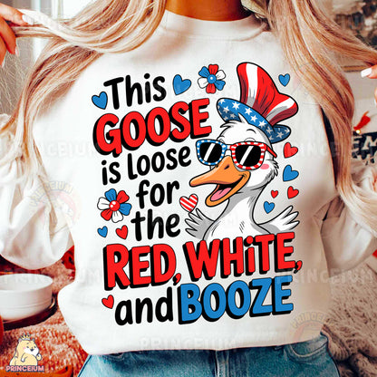 a woman wearing a t - shirt that says, this goose is loose for the