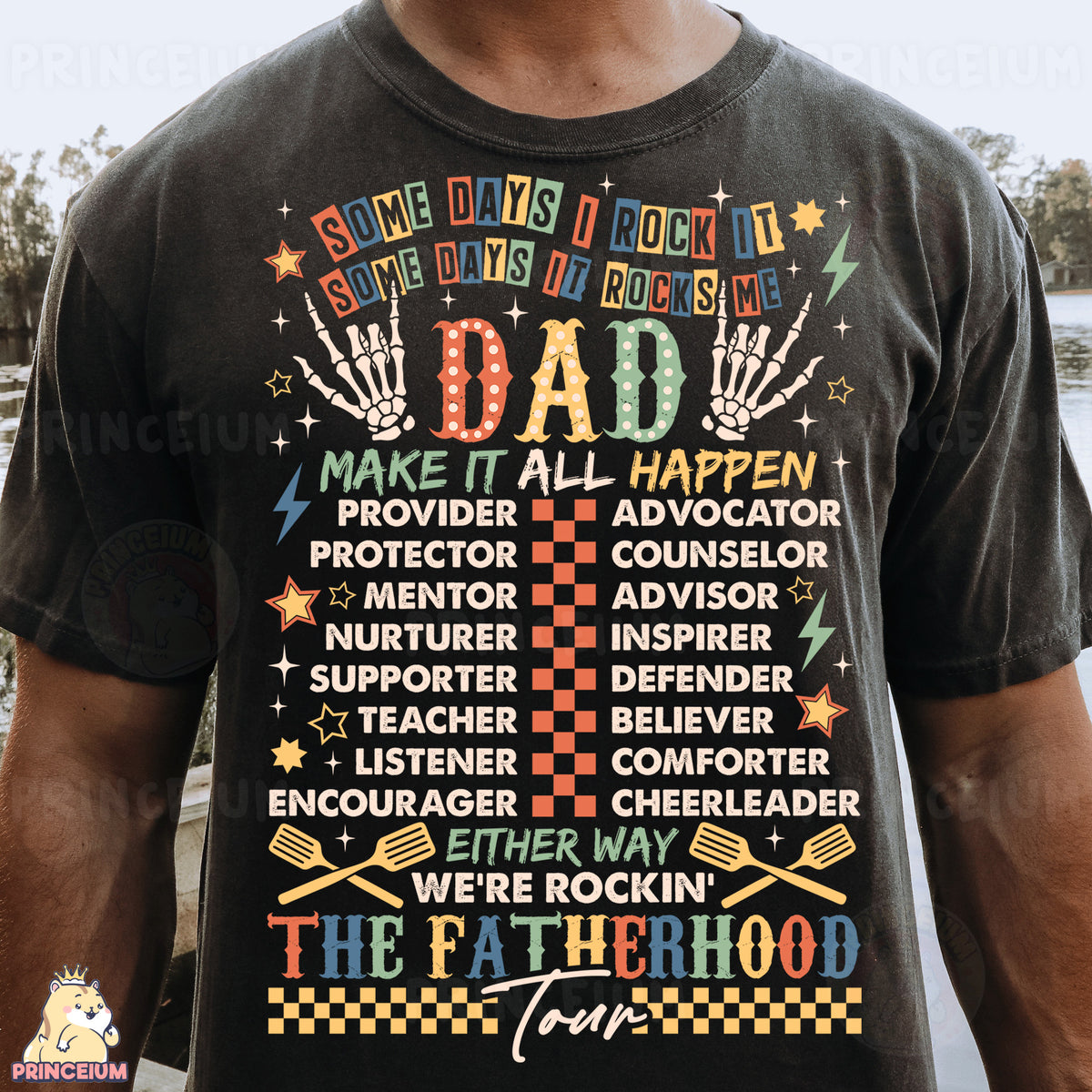 a man wearing a t - shirt with a list of fathers on it
