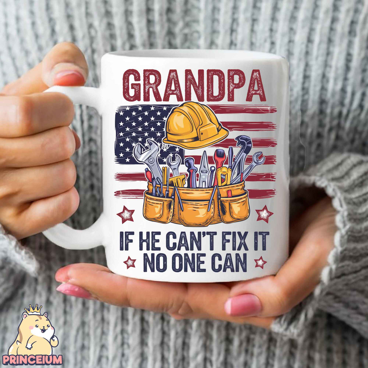 a woman holding a coffee mug with a picture of a construction worker