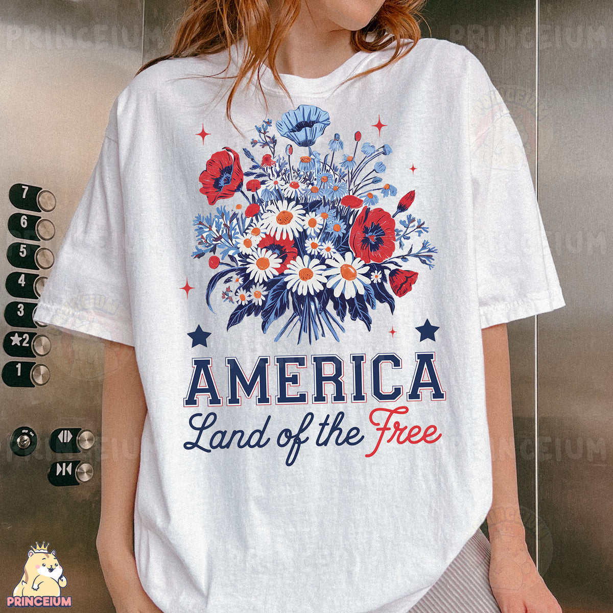 a woman wearing a t - shirt that says america land of the free