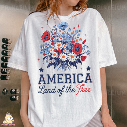 a woman wearing a t - shirt that says america land of the free