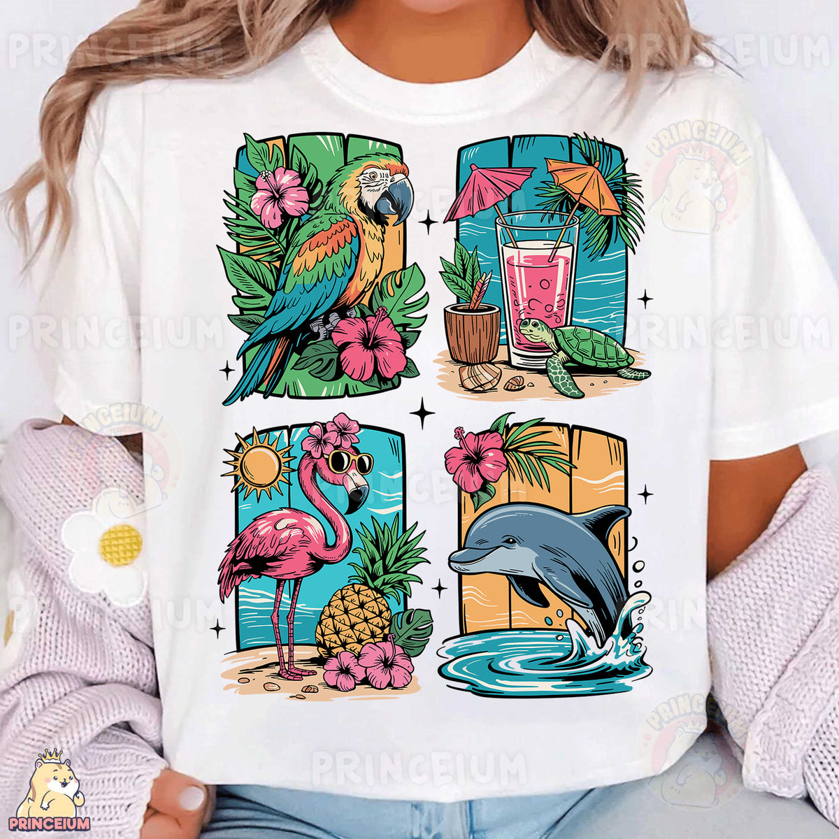 a woman wearing a white t - shirt with tropical images on it