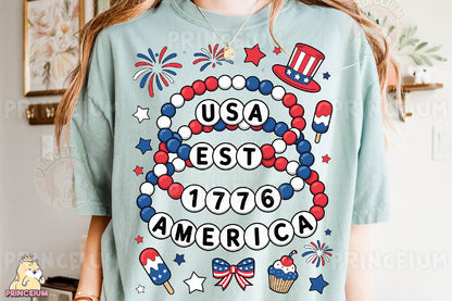 a woman wearing a usa best 1970 america t - shirt