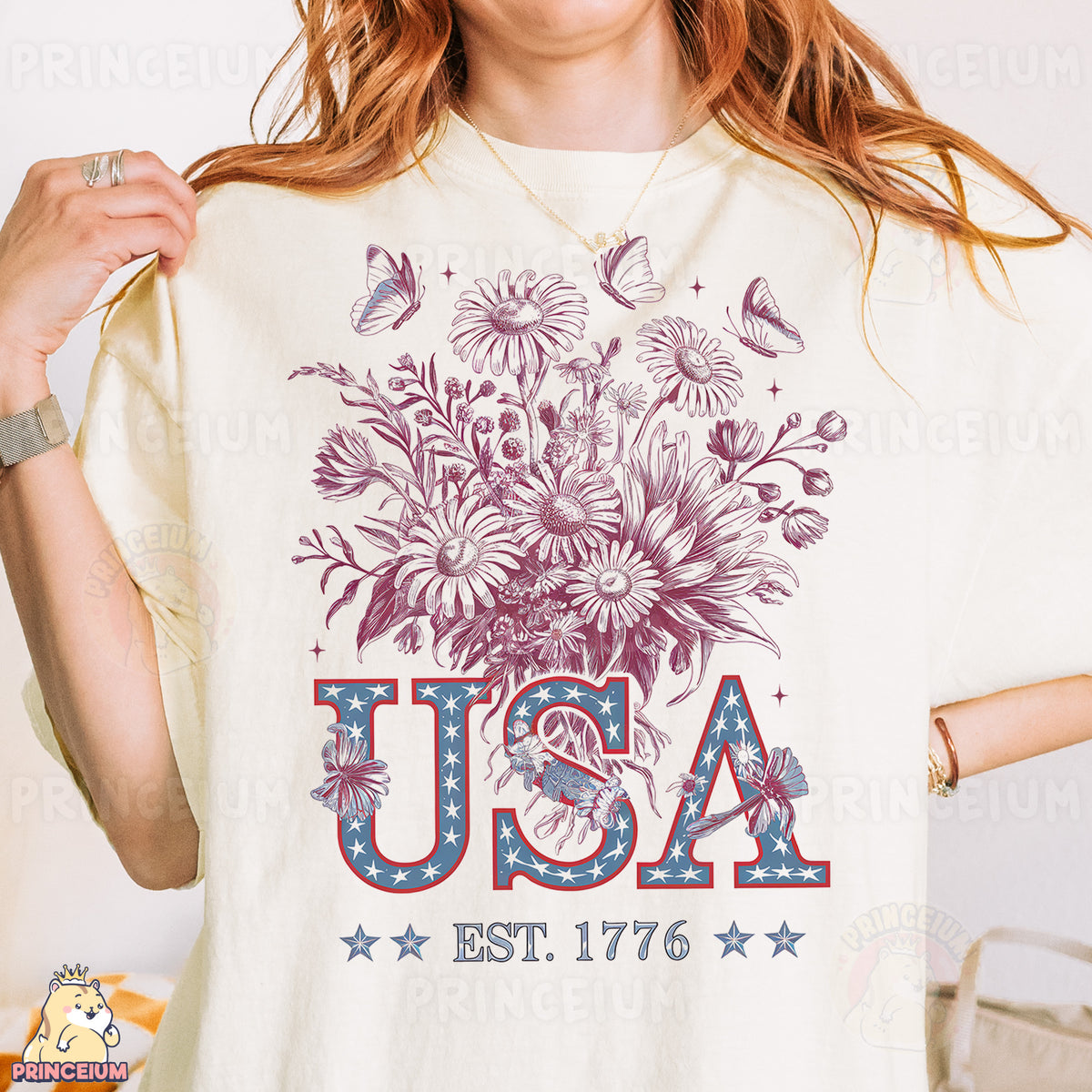 a woman wearing a usa t - shirt with a bouquet of flowers