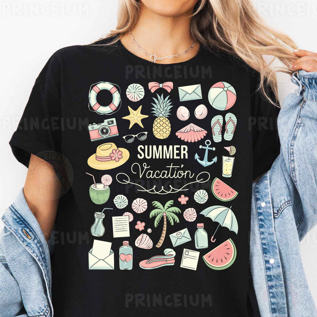 a woman wearing a black t - shirt that says summer vacation