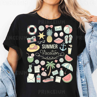 a woman wearing a black t - shirt that says summer vacation