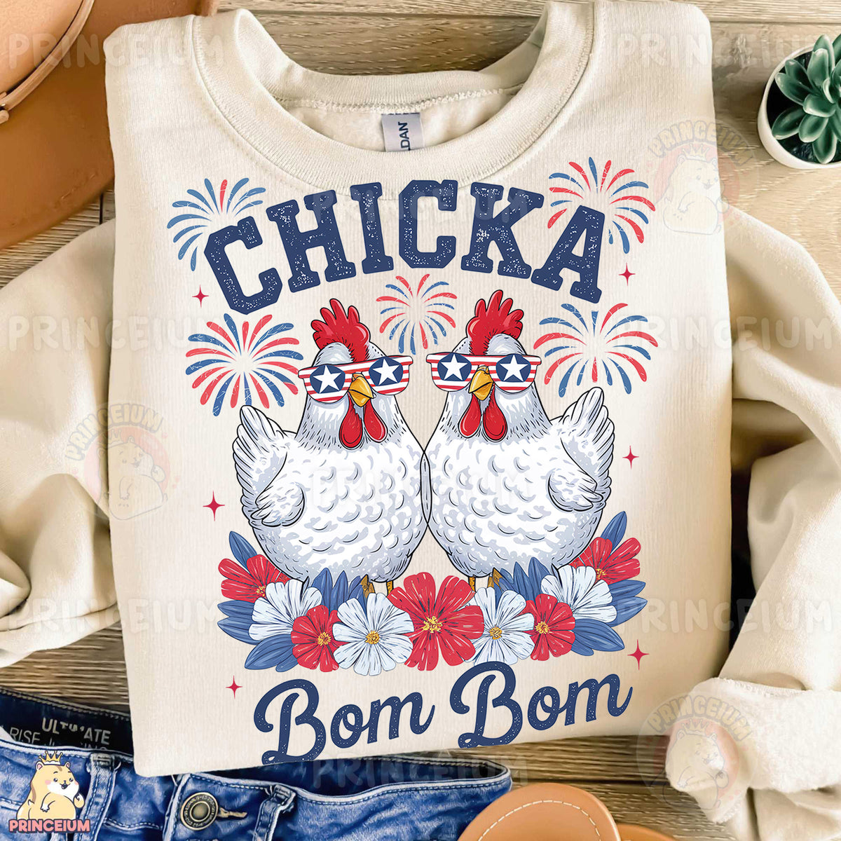 a white shirt with two chickens on it