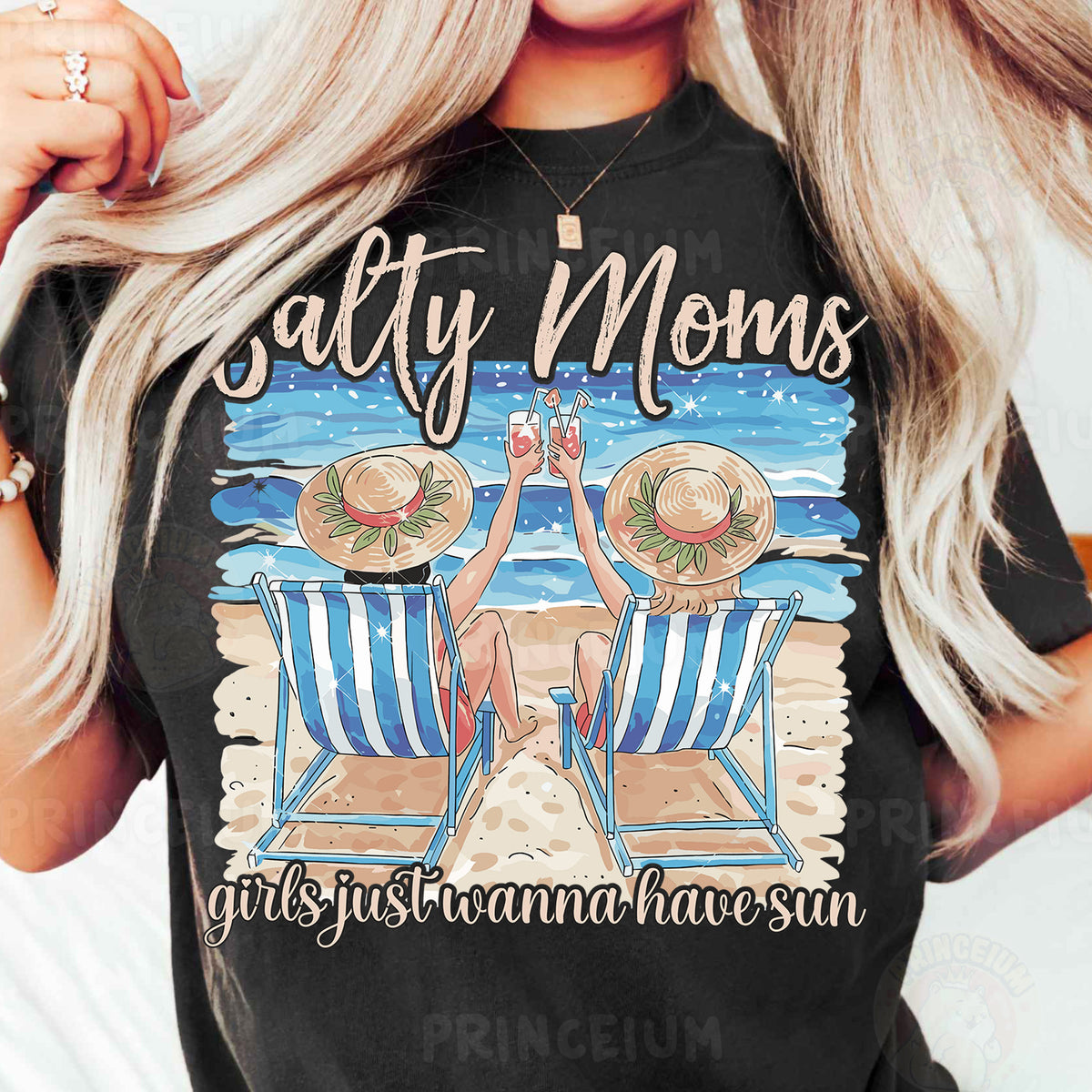 a woman wearing a black shirt that says salty moms