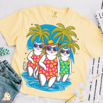 a yellow shirt with two cats wearing sunglasses