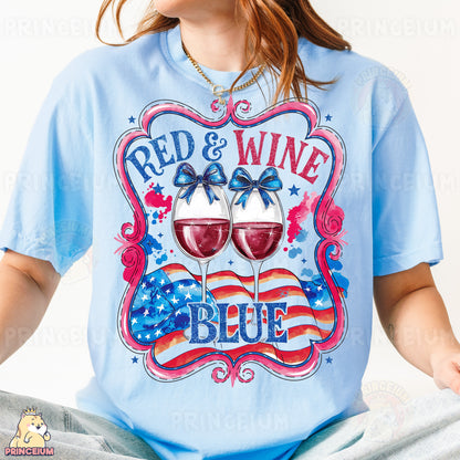 a woman wearing a red and wine t - shirt