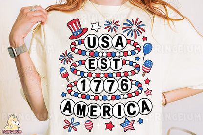 a woman wearing a usa est 776 america t - shirt
