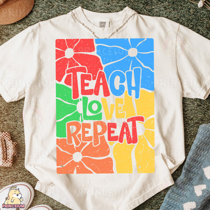 a t - shirt that says teach love repeat on it