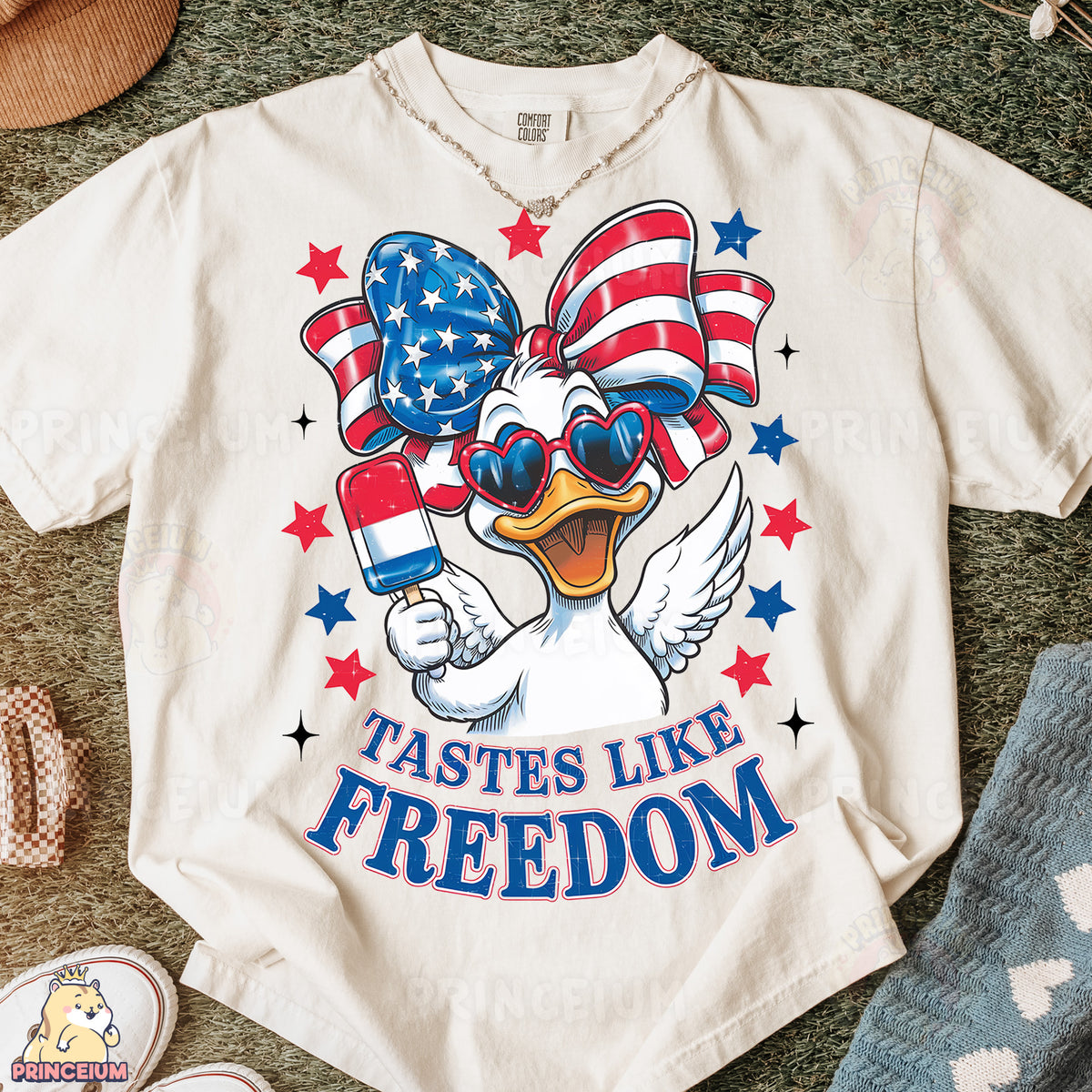 a t - shirt with a duck wearing sunglasses and an american flag on it