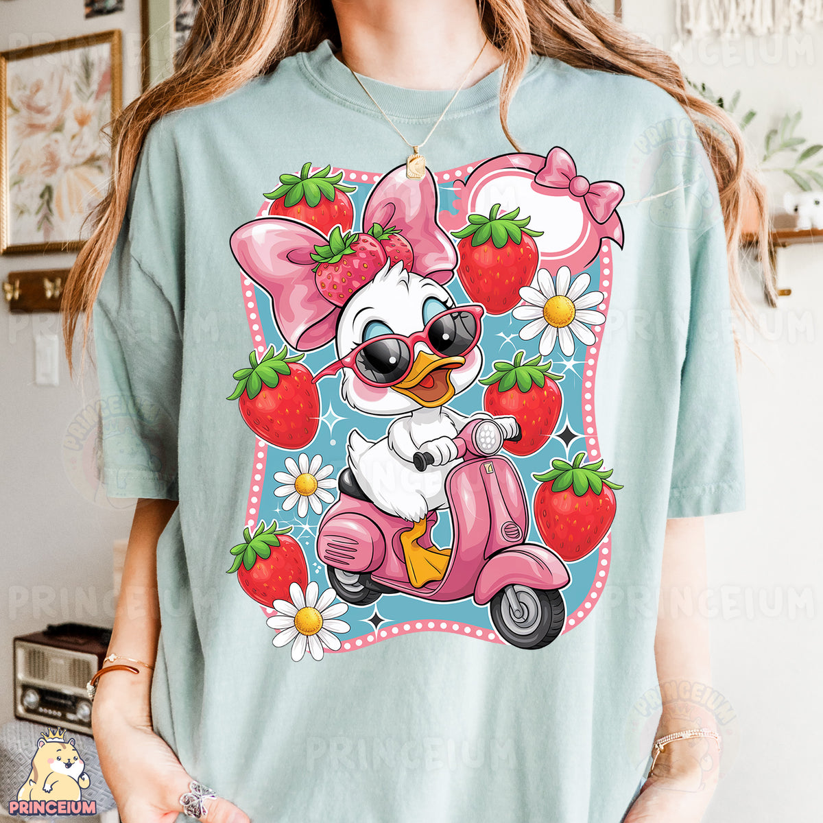 a woman wearing a t - shirt with a cartoon character on it