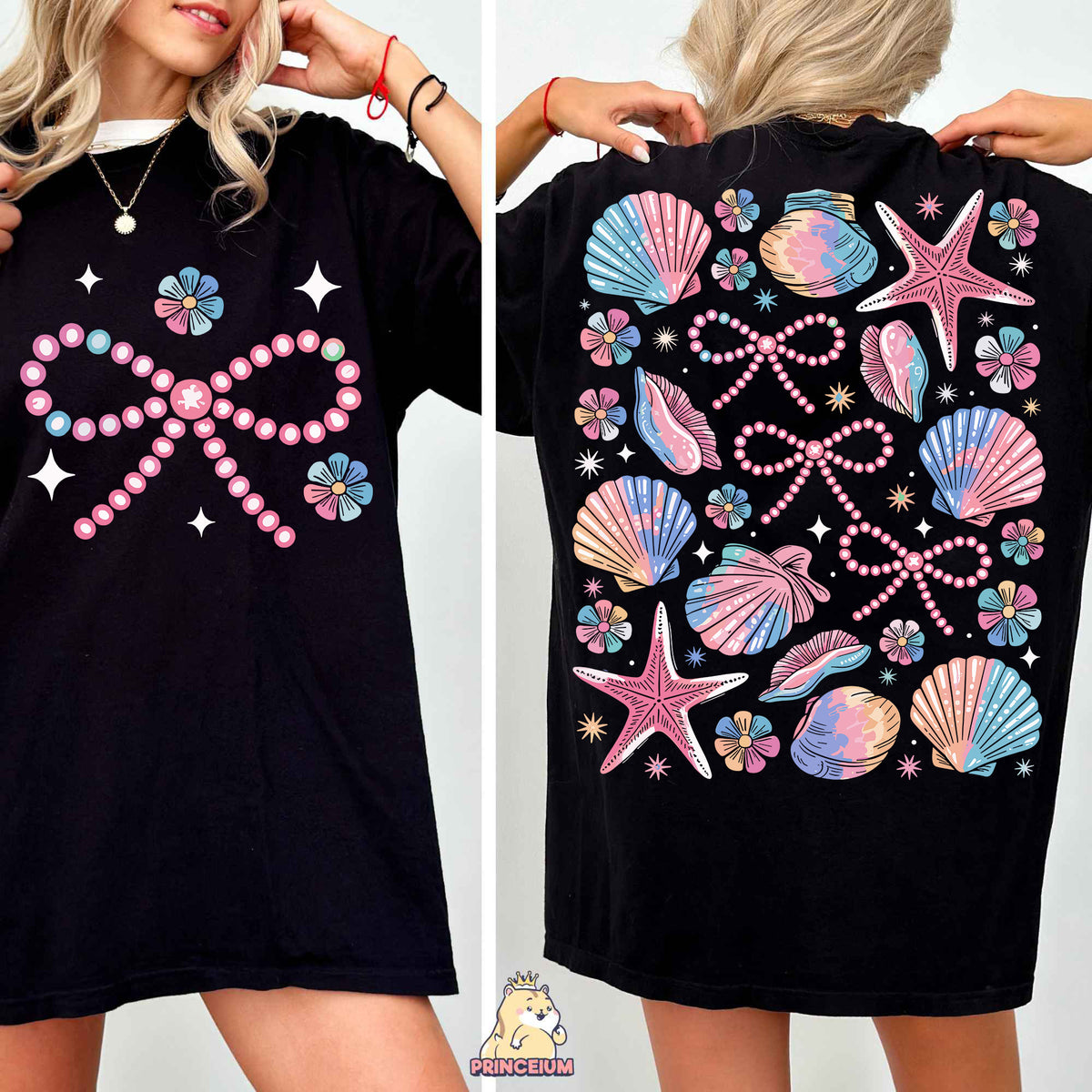 a woman wearing a black shirt with seashells on it