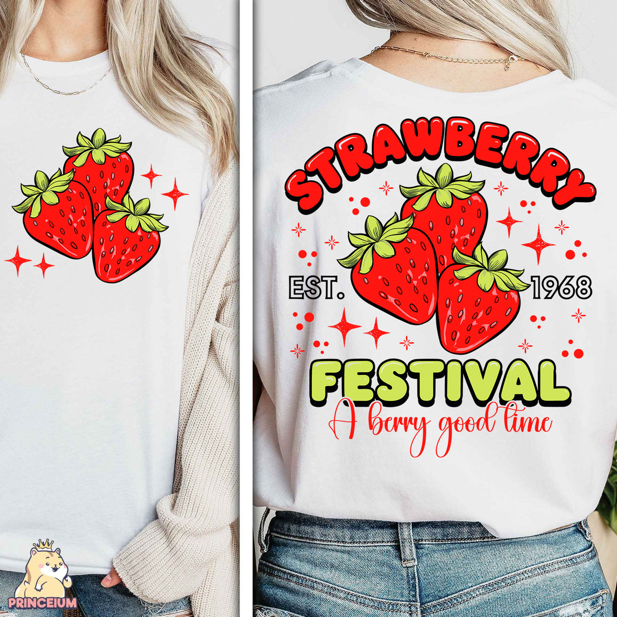 a woman wearing a strawberry festival t - shirt