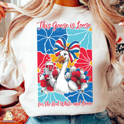 a woman wearing a t - shirt with a goose on it