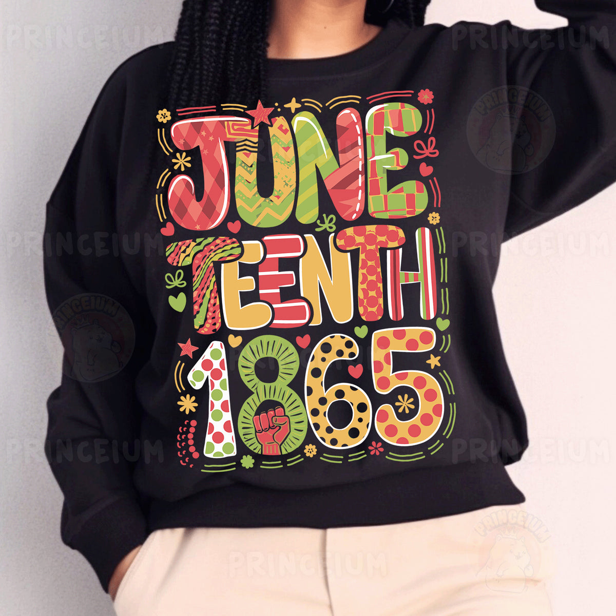 a woman wearing a black sweatshirt with the words june tenth on it