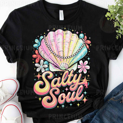 a t - shirt that says salty soul with a seashell on it