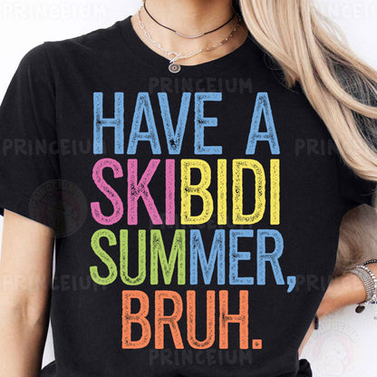 a woman wearing a black shirt that says have a skibid summer, br