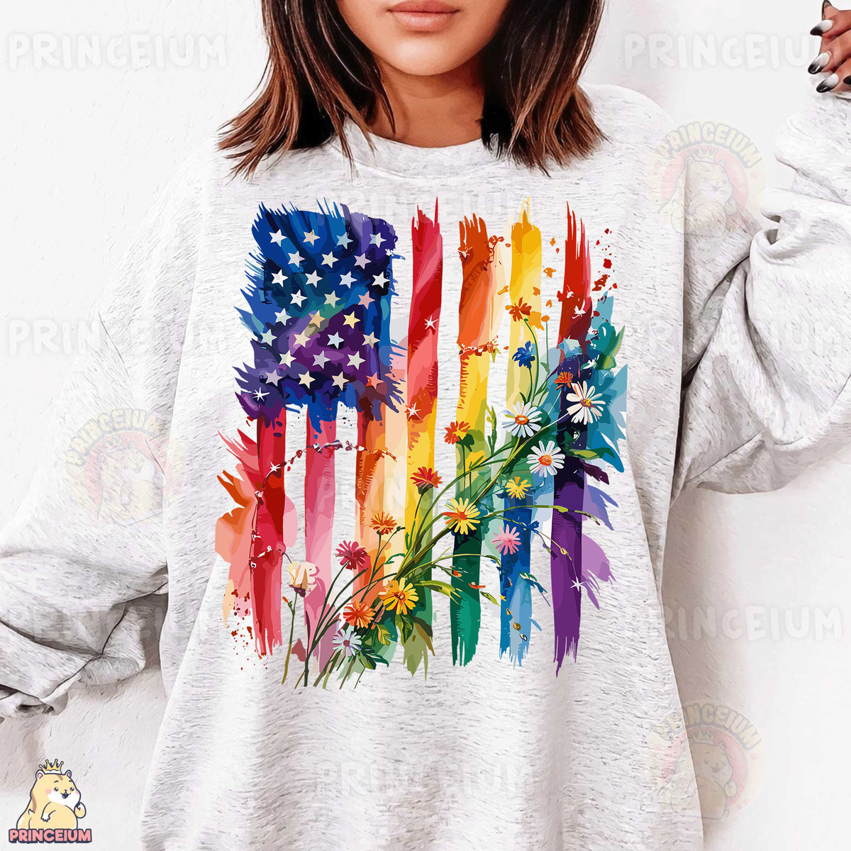 a woman wearing a white sweatshirt with an american flag painted on it