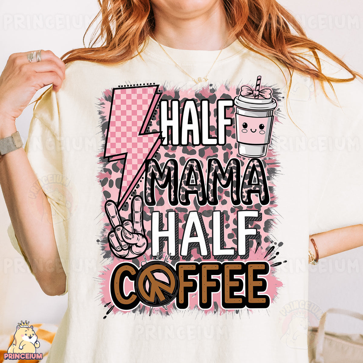 a woman wearing a t - shirt that says half mama half coffee