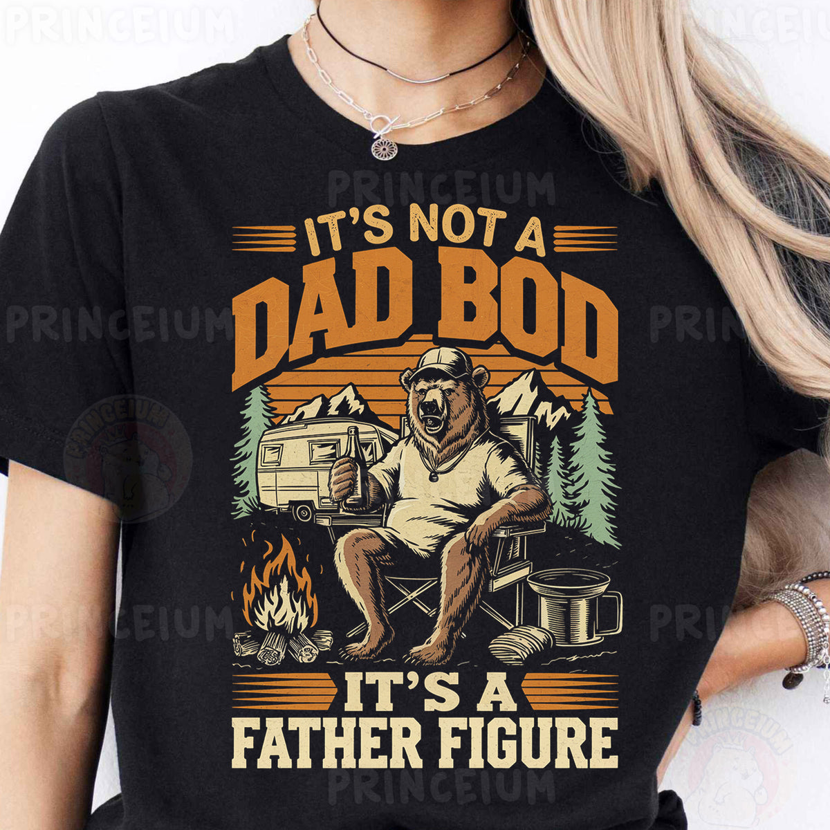 a woman wearing a t - shirt that says it's not a dad bo