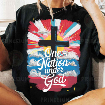 a woman sitting on a couch wearing a t - shirt with a cross on it
