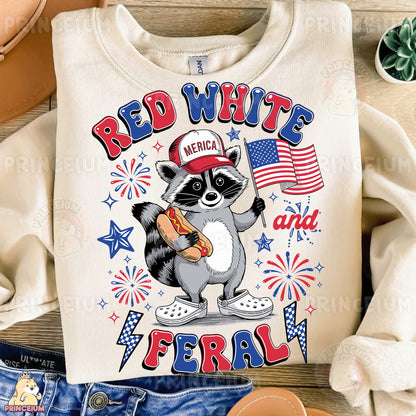 a red white and blue shirt with a raccoon holding a baseball bat
