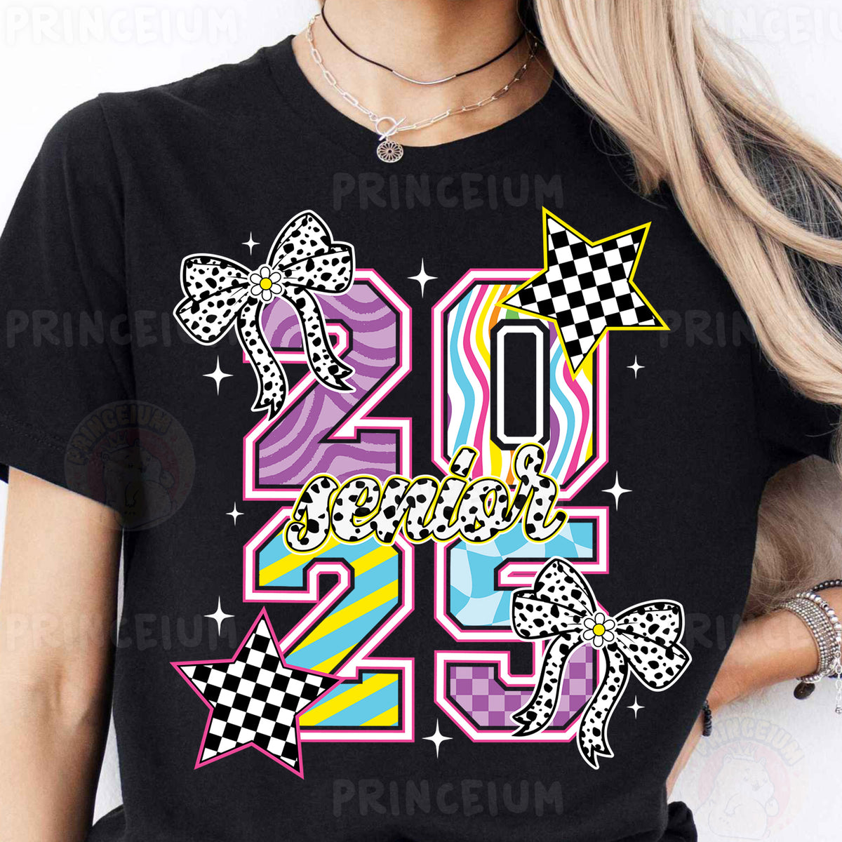 a woman wearing a black tshirt with a colorful bow and number