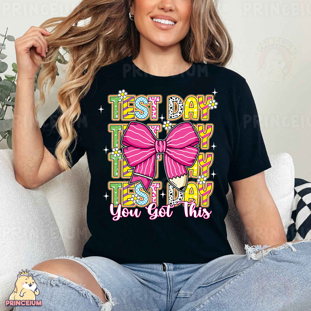a woman wearing a black tshirt with a pink bow