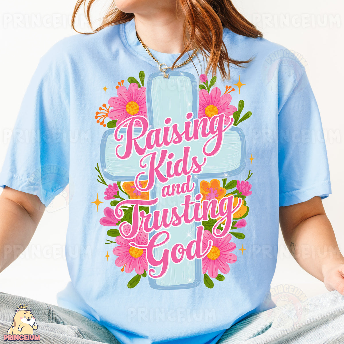 a girl wearing a t - shirt that says raising kids and adjusting god