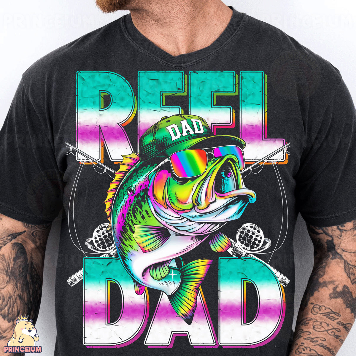 a man wearing a black shirt with a fish on it