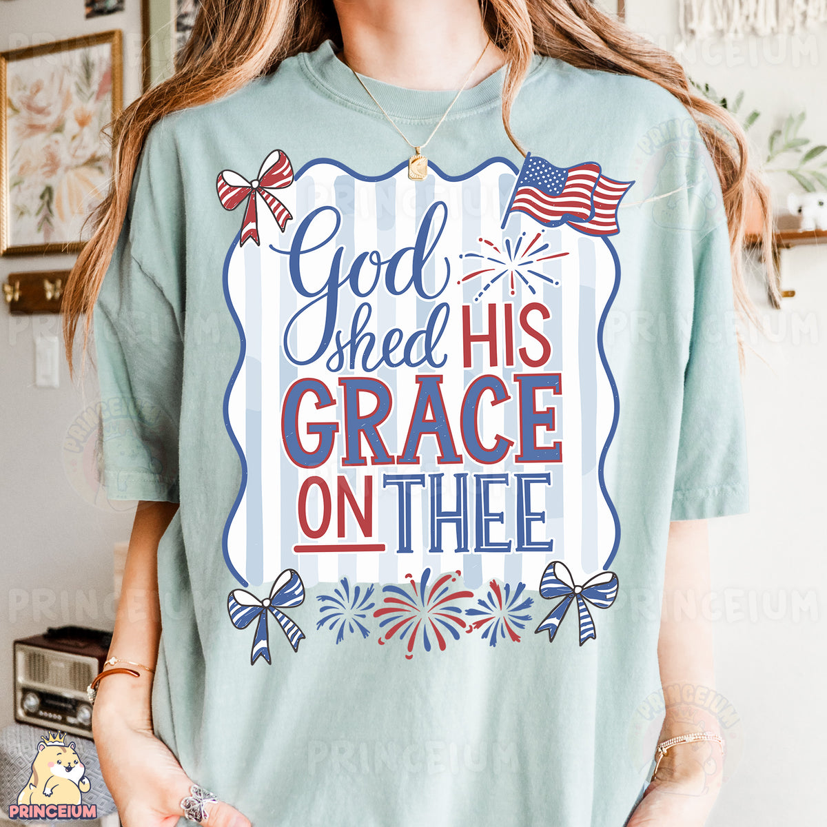 a woman wearing a t - shirt that says god shed his grace on the inside