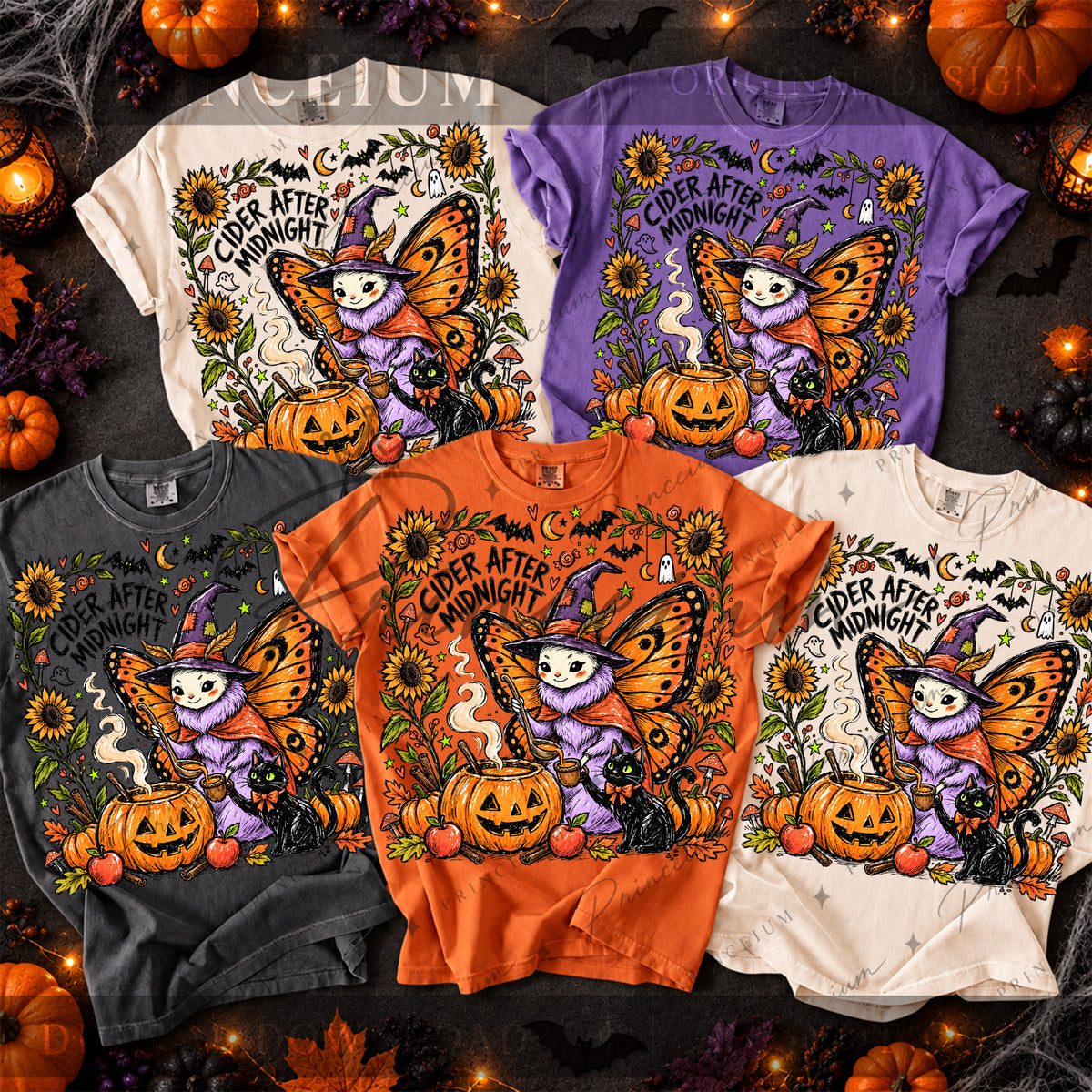 Cider After Midnight Halloween PNG – Butterfly Witch & Black Cat Design | Digital Download