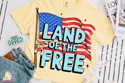 a t - shirt that says land of the free with an american flag on it
