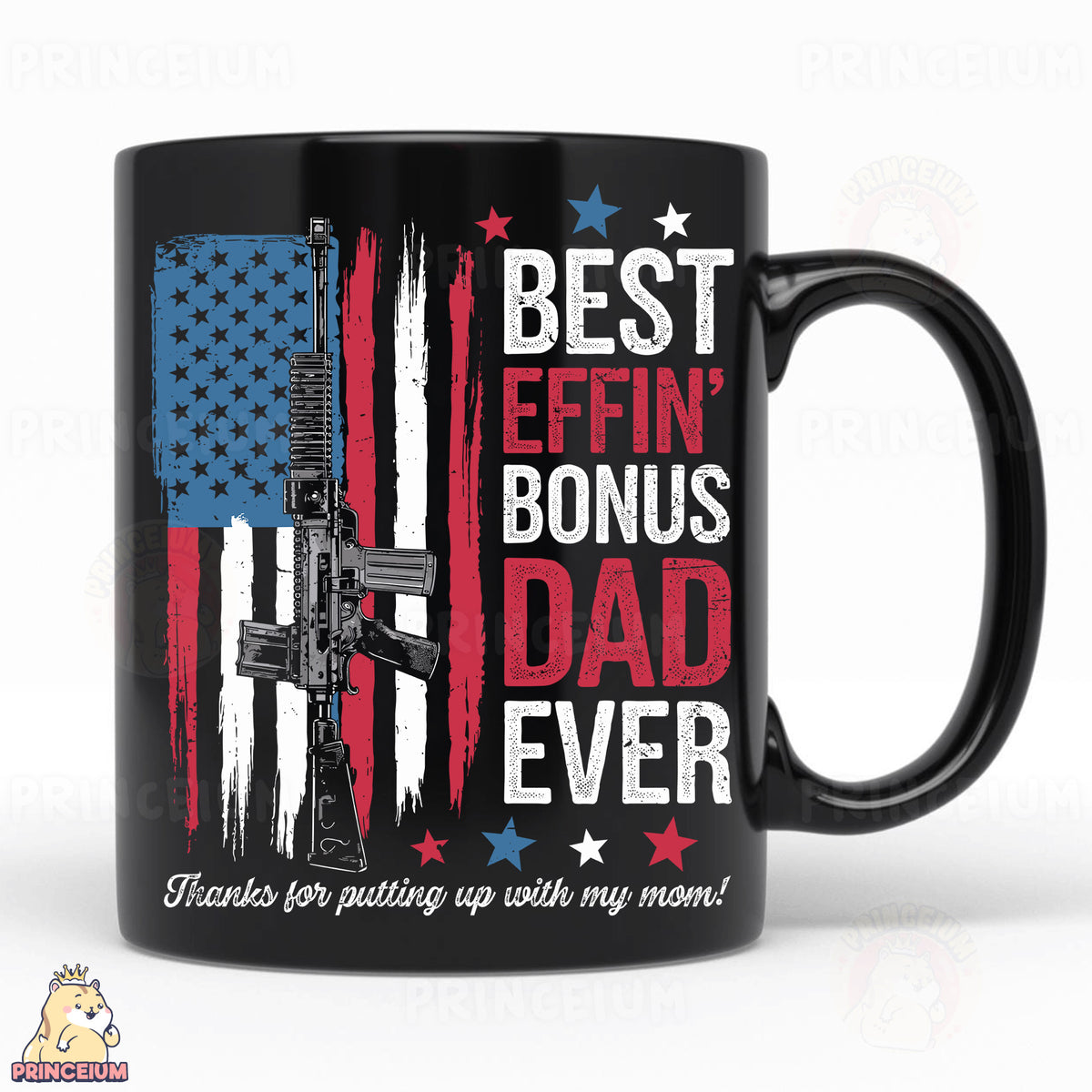 a black coffee mug with an american flag and a gun on it
