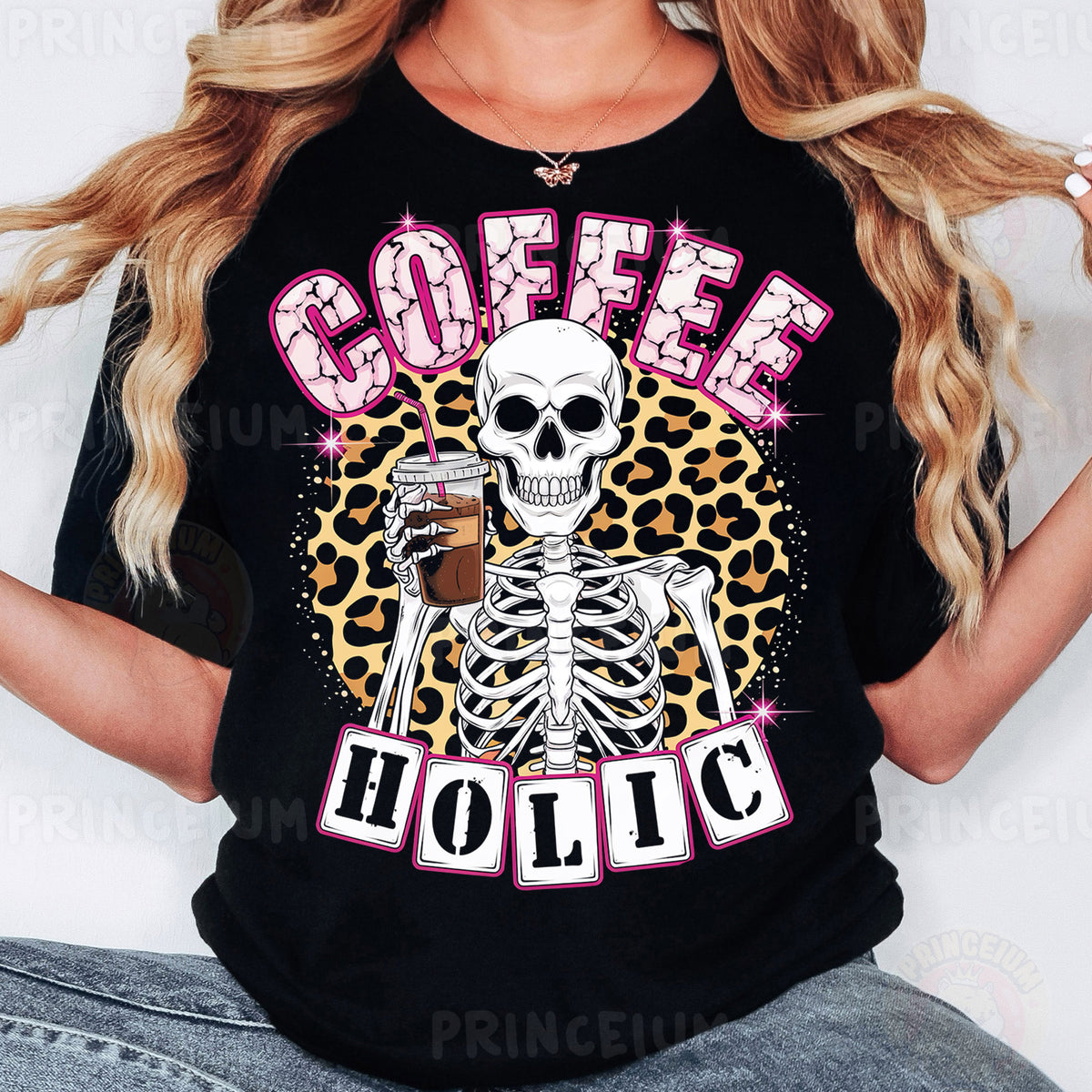 a woman wearing a black coffee holic t - shirt