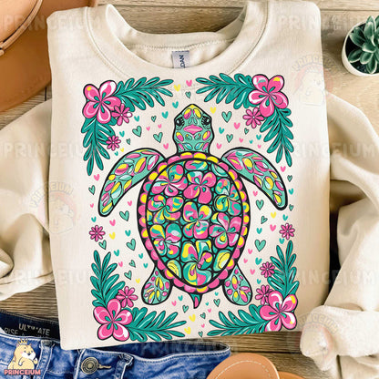 a t - shirt with a turtle and flowers on it