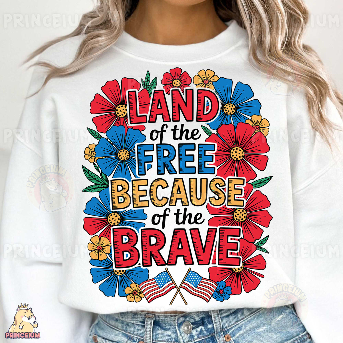 a woman wearing a white sweatshirt that says land of the free because of the brave