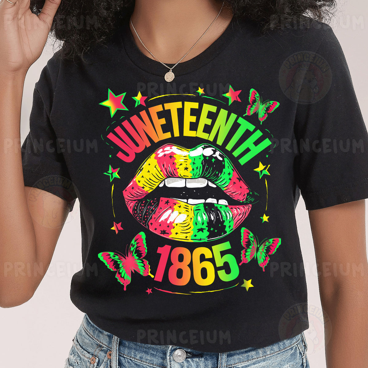 a woman wearing a black t - shirt with the words juneteeth on it