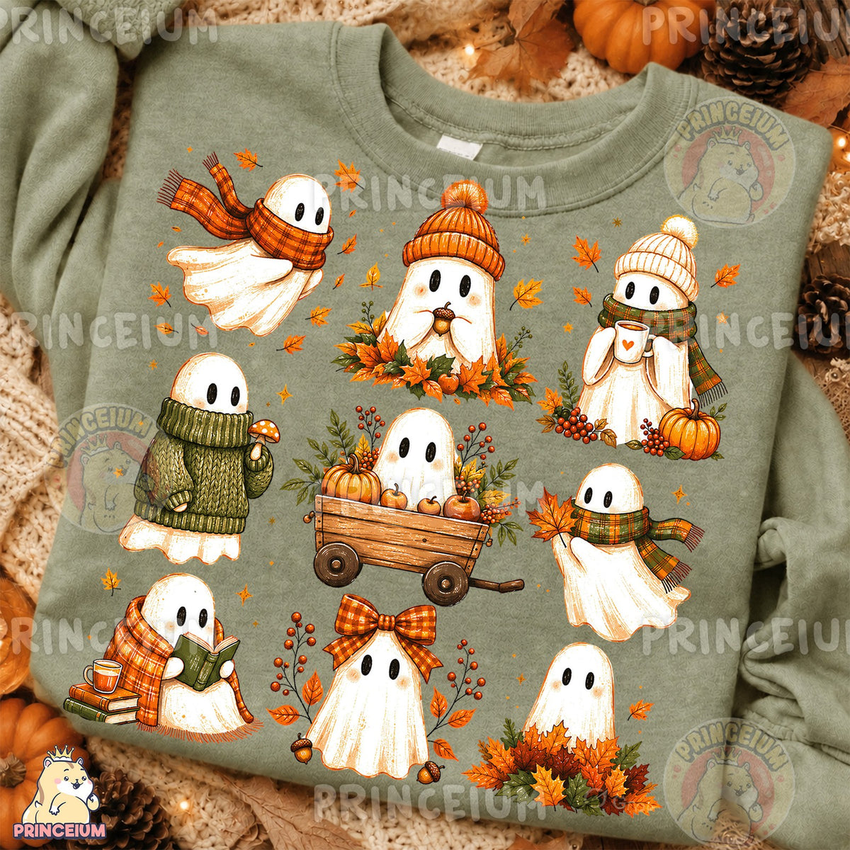 Cozy Fall Ghosts Pumpkin Wagon & Reading Ghost