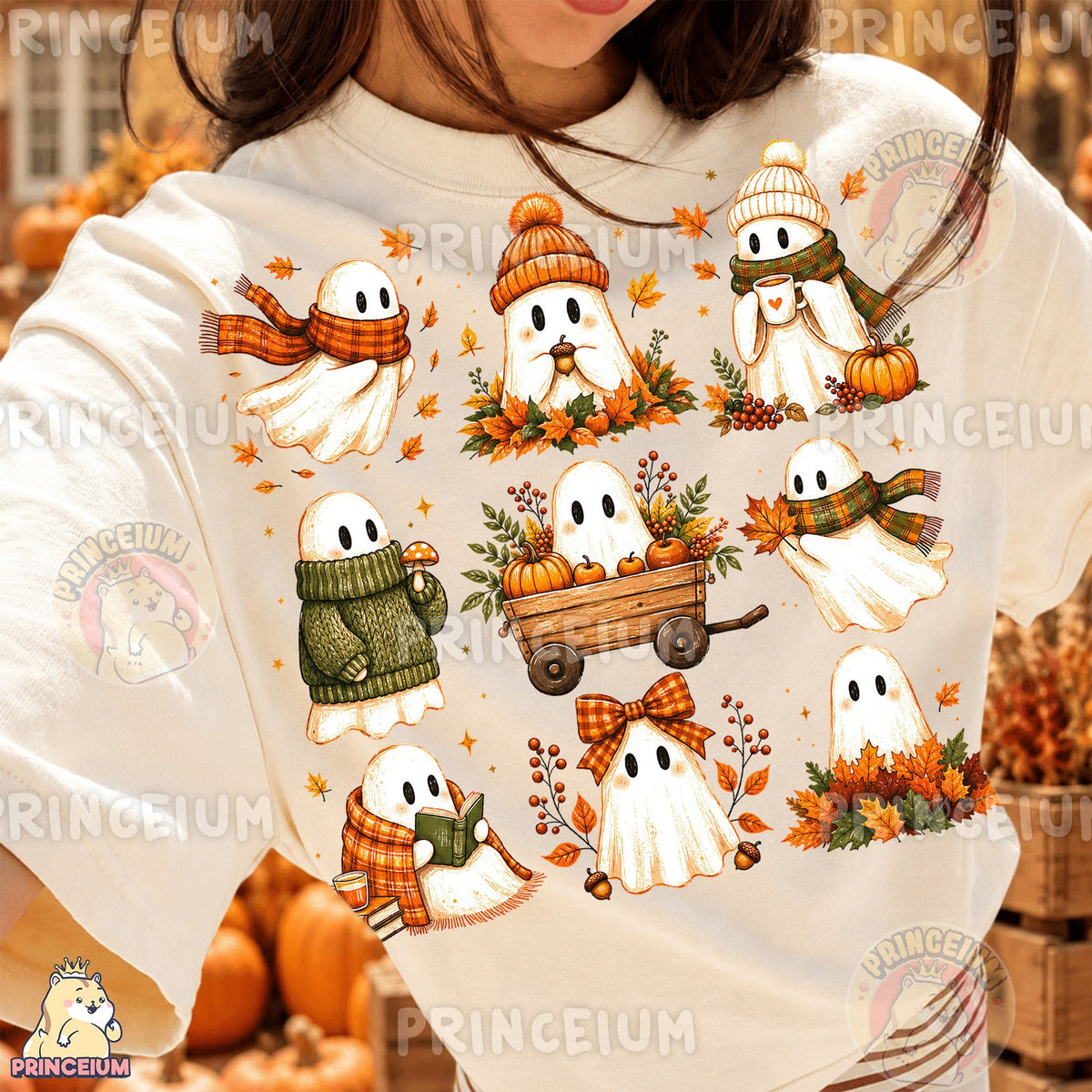 Cozy Fall Ghosts Pumpkin Wagon & Reading Ghost