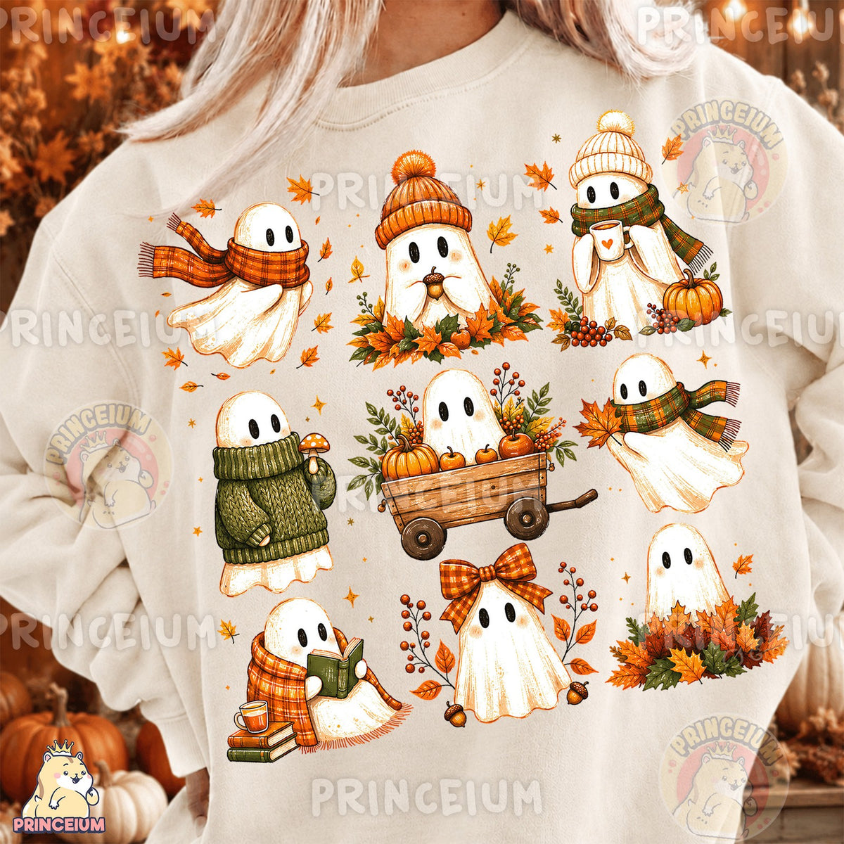 Cozy Fall Ghosts Pumpkin Wagon & Reading Ghost