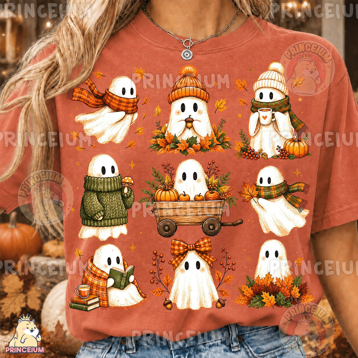 Cozy Fall Ghosts Pumpkin Wagon & Reading Ghost