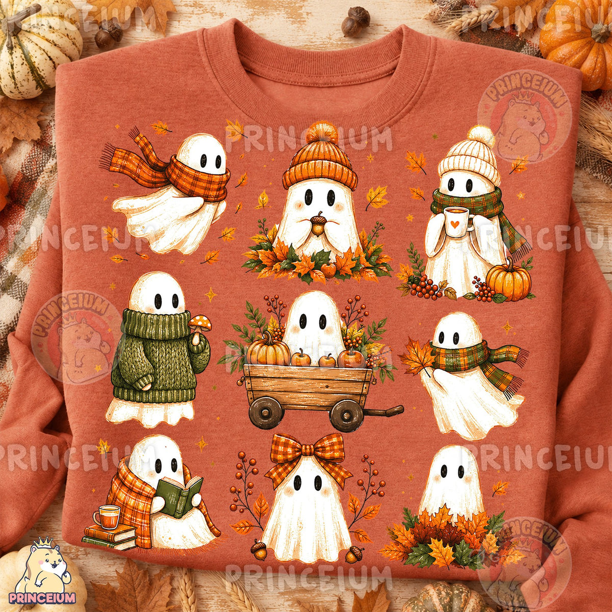 Cozy Fall Ghosts Pumpkin Wagon & Reading Ghost