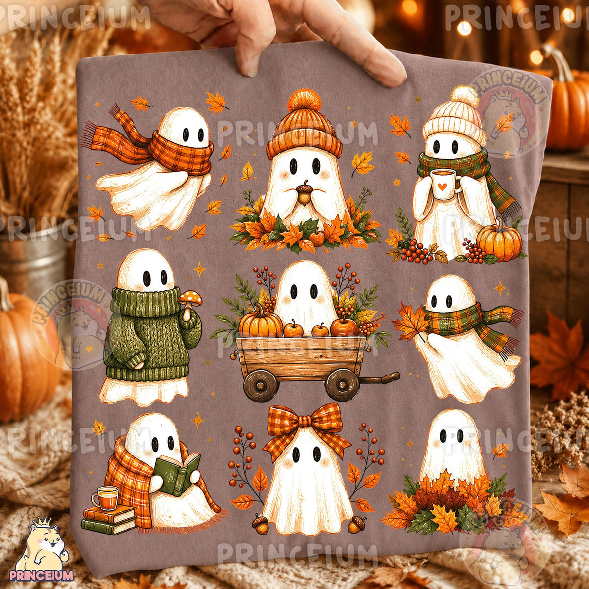 Cozy Fall Ghosts Pumpkin Wagon & Reading Ghost