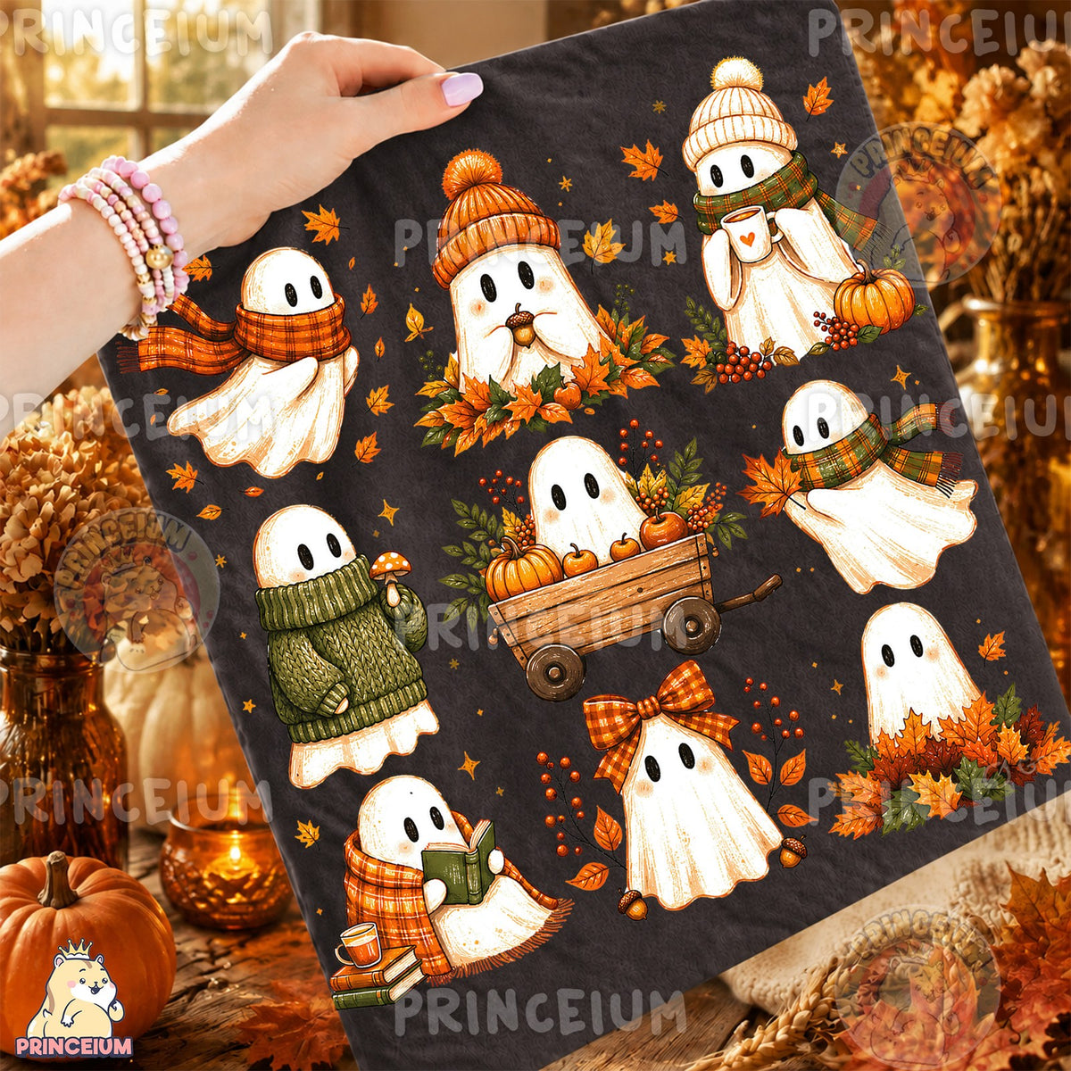 Cozy Fall Ghosts Pumpkin Wagon & Reading Ghost