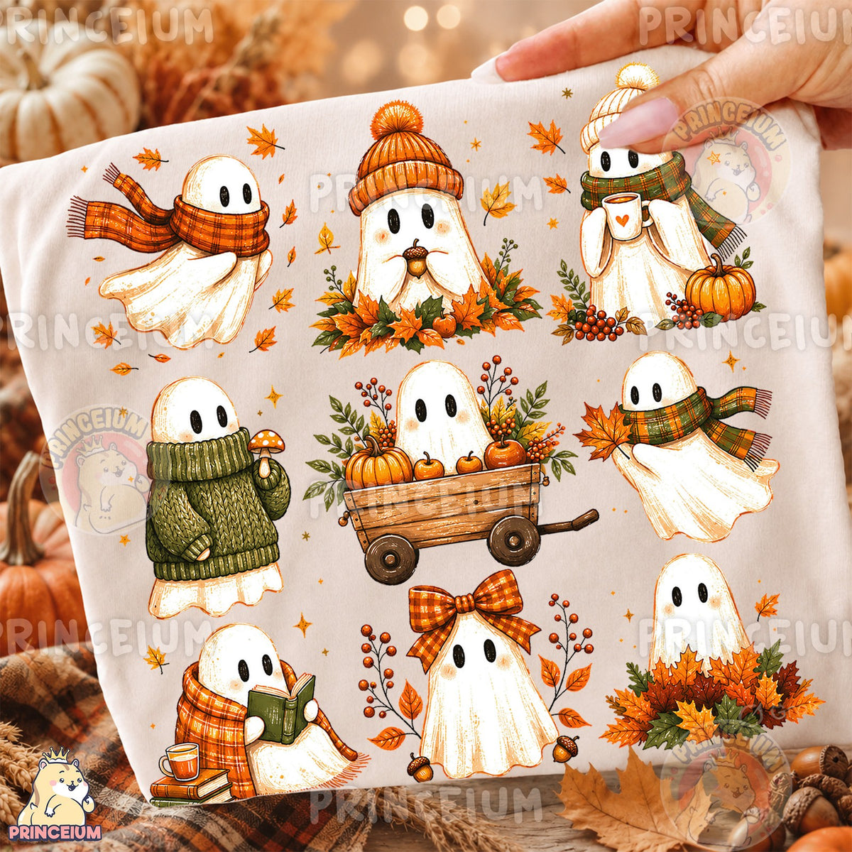 Cozy Fall Ghosts Pumpkin Wagon & Reading Ghost